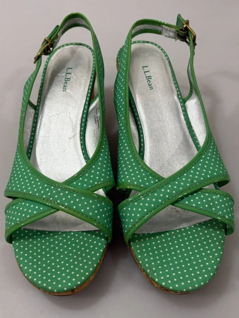 L.L. Bean 8 M Green White Signature Polka Dot Slingback 2.5